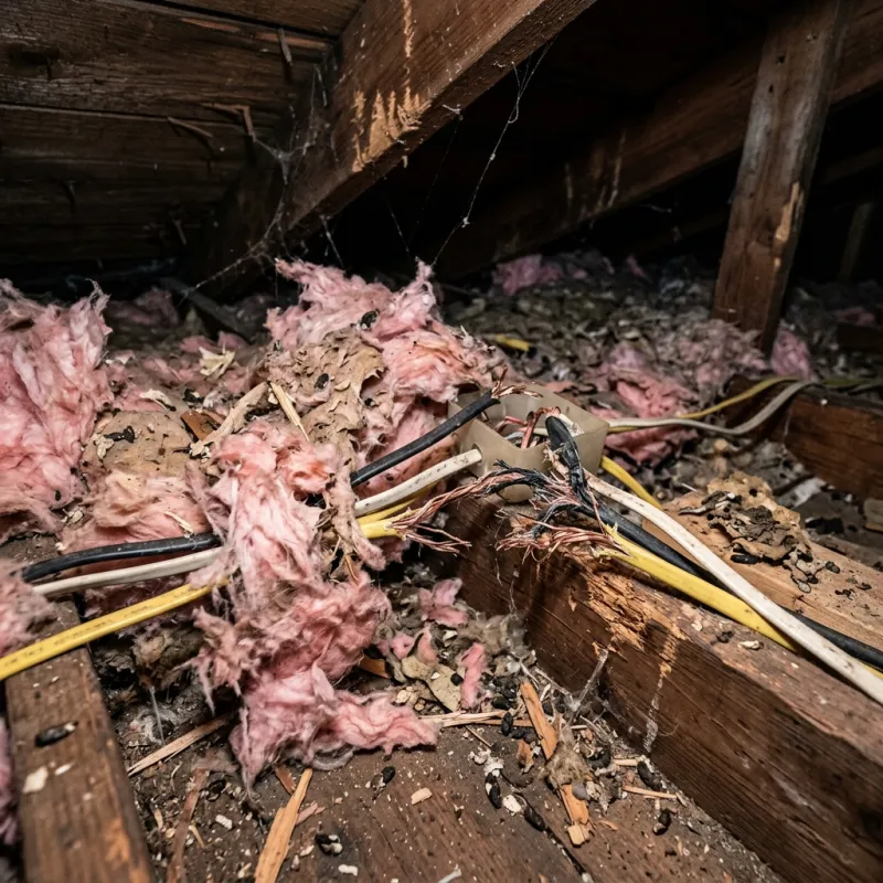 Contaminated ceiling insulation being assessed in a Vermont roof space