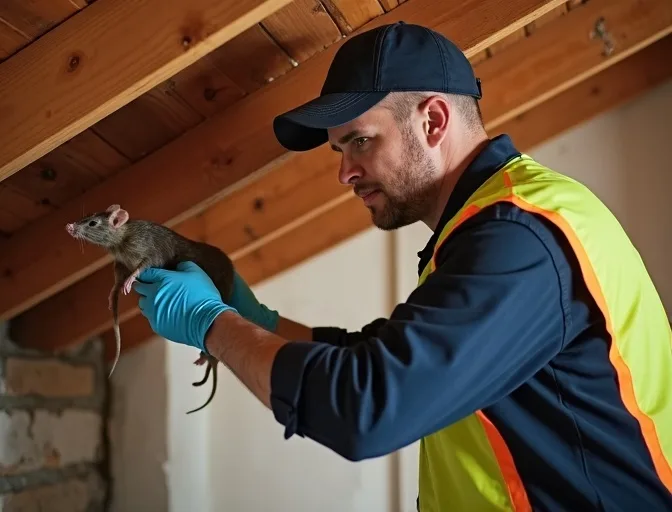 Technician inspecting a roof cavity for a dead rat in Vermont